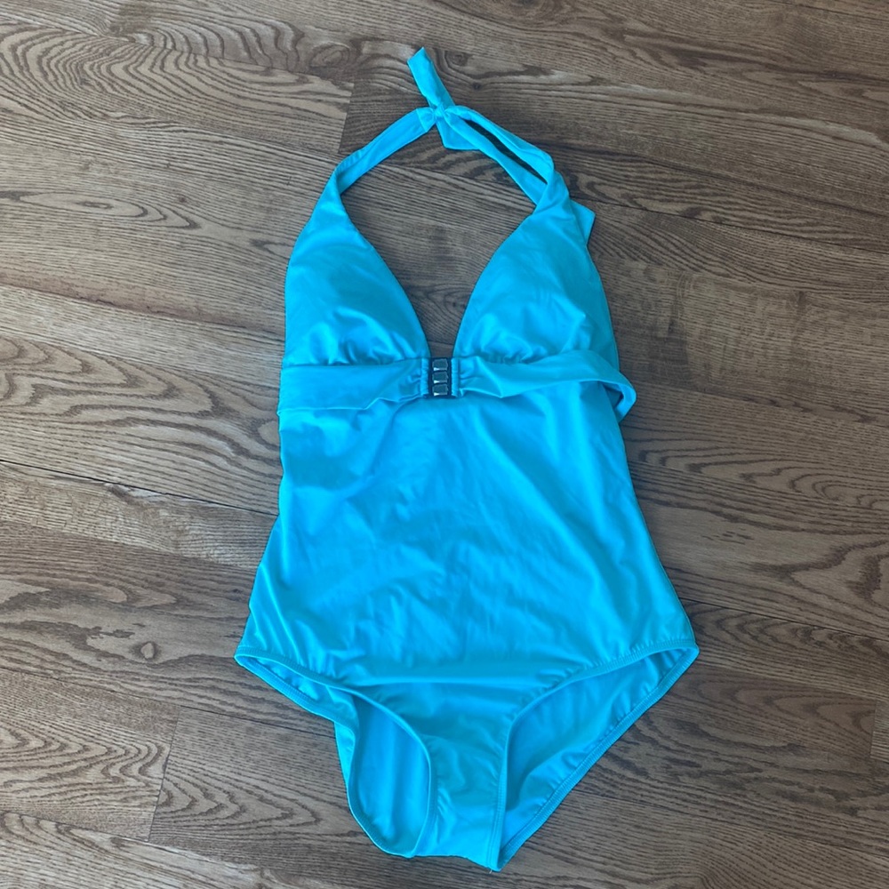 Kenneth Cole New York one piece turquoise bathing suit jeweled NWT halter neck